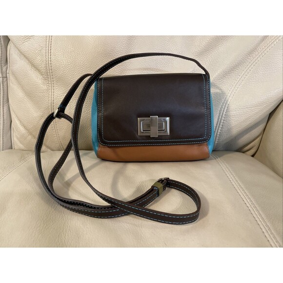 Mywalit Leather Crossbody Bag Turnlock Colorblock Brown Blue Designed in Italy - Picture 1 of 15